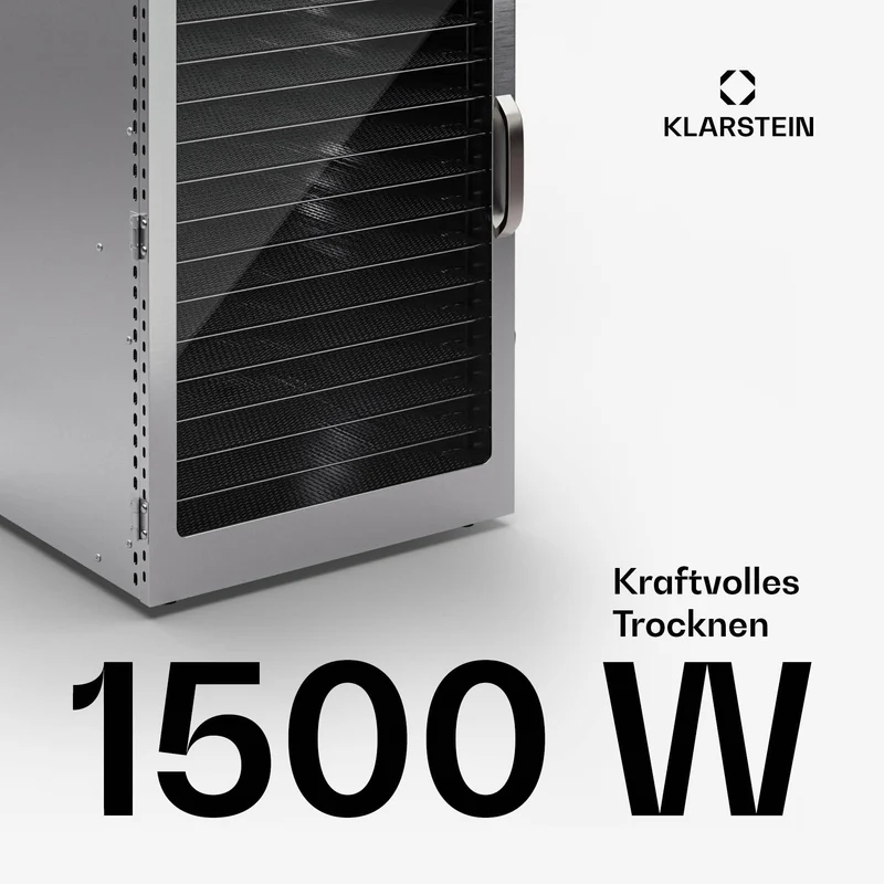 Klarstein Dörrgerät, Dörrautomat für Gemüse, Obst, Pilze & Fleisch, 1500W Edelstahl-Dörrautomat, Trockenautomat mit 16 Metallgitter, Dörrgerät mit 24H Timer & Touch-Display, Food Dehydrator
