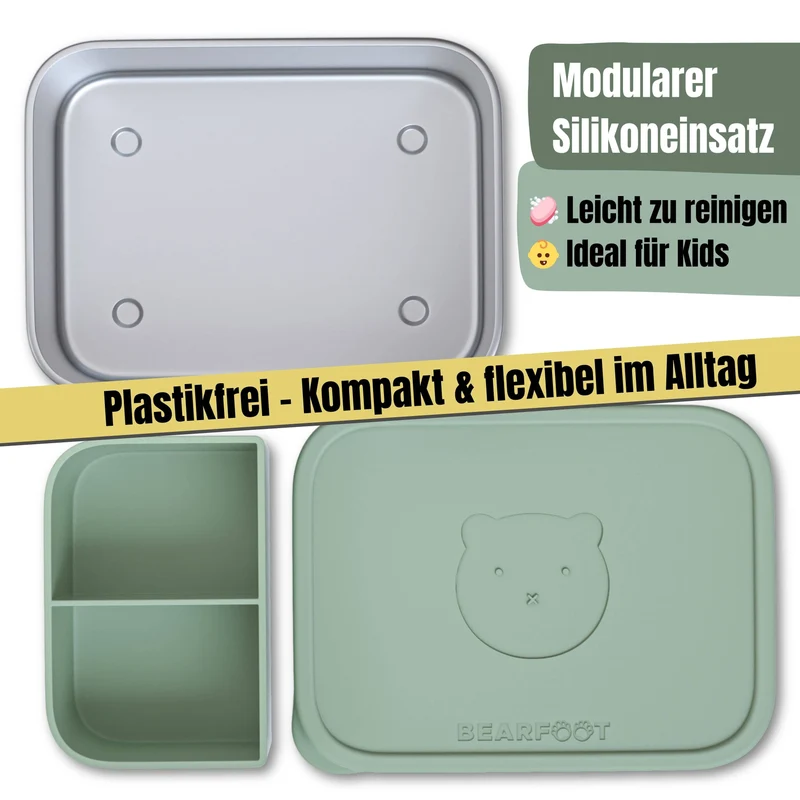 Brotdose Kinder Edelstahl mit Silikoneinsatz - Salbei