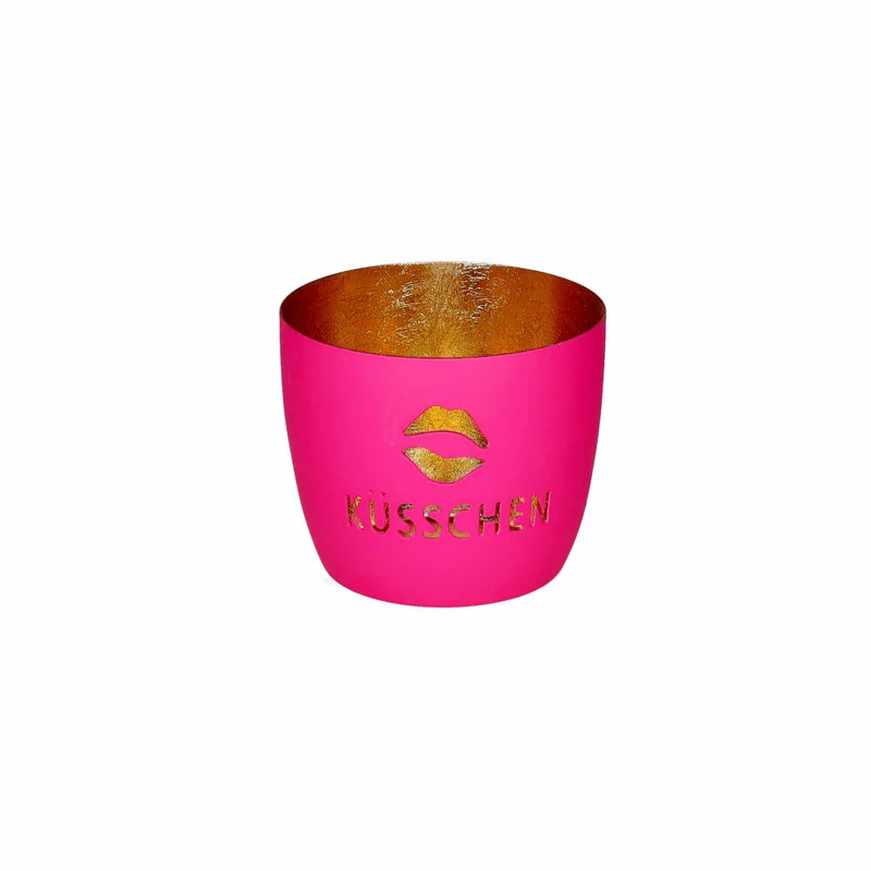 Gift Company Windlicht Madras M, Küsschen, Teelichthalter, Kerzenhalter, Eisen, Hot Pink / Gold, H 8.5 cm, 1211404013
