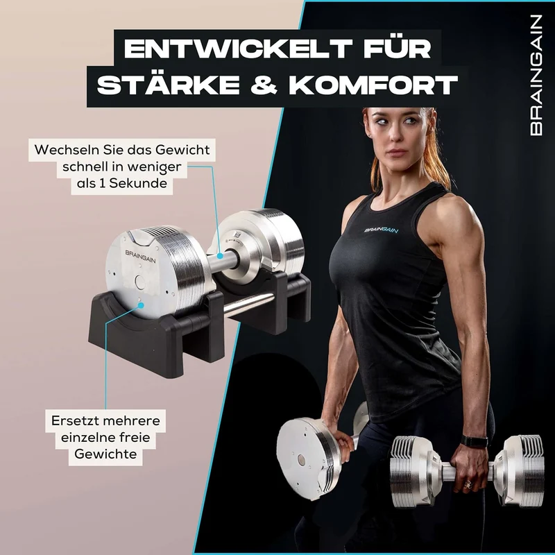 BRAINGAIN Verstellbare Hanteln: Chrom/Schwarz fürs Heimtraining