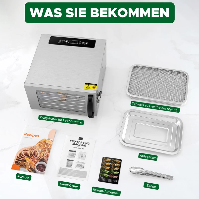 Kwasyo Dörrautomat Edelstahl DA 1000, XXL-Dörrfläche 1,8 m², Dörrgerät Temperatur einstellbar 30-90℃, LED-Display, 24 Std, BPA-frei, mit Rezeptheft, 10 Edelstahl-Dörrtabletts