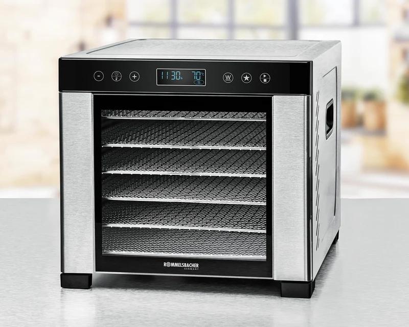 ROMMELSBACHER Dörrautomat DA 1000, XXL-Dörrfläche 1,6 m², inkl. 10 Edelstahl-Dörrtabletts, 2 Dörrgitter, 2 Dörrmatten, LED-Display, 24 Std. Zeitschaltuhr, Temperatur einstellbar (35 °C – 75 °C)