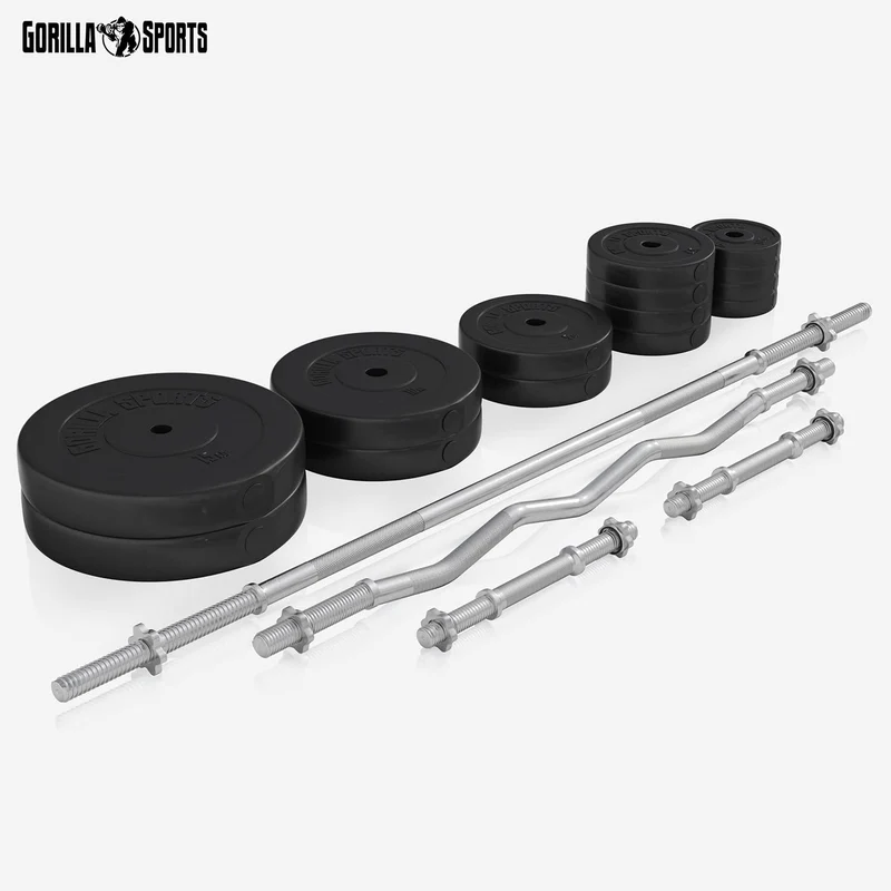 Gorilla Sports Hantelbank mit Gewichten, 170 cm Stange und Hantelset