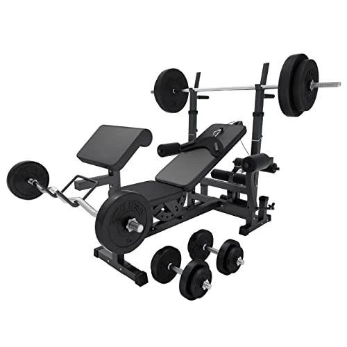 Gorilla Sports Hantelbank mit Gewichten, 170 cm Stange und Hantelset