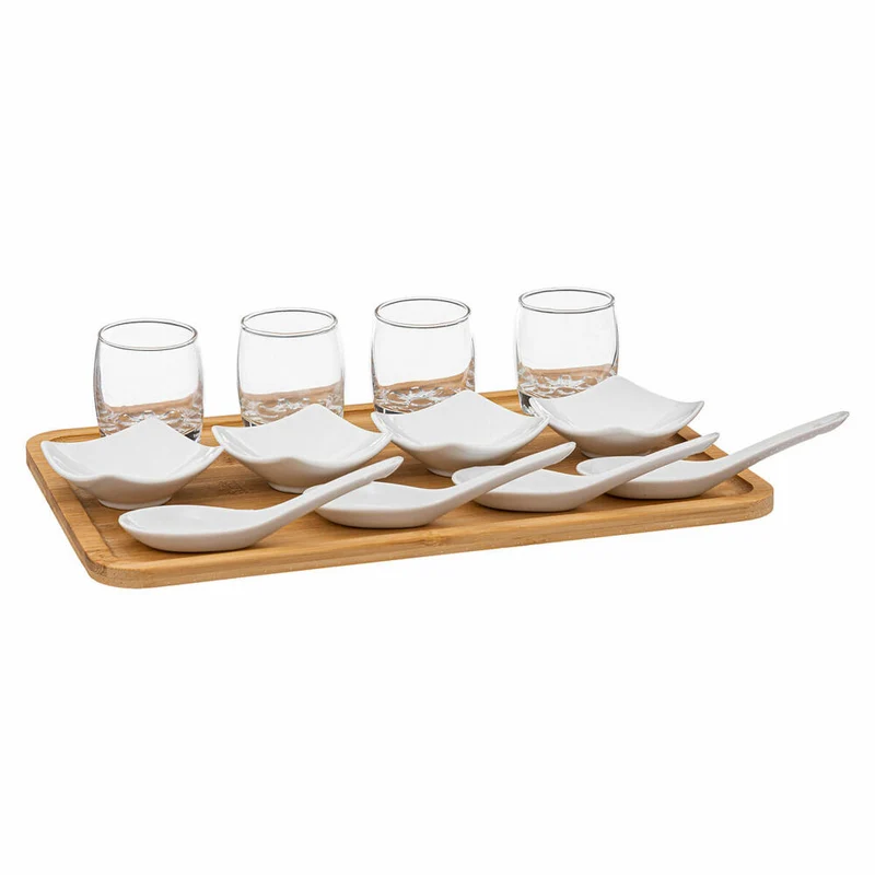 SG Secret de Gourmet Snack-Servierset 13-tlg. mit Ablage, Snackschalen, Gläser, Bambus, Glas, Porzellan, 188450