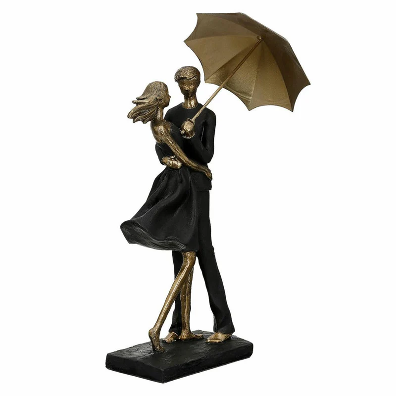 Gilde Skulptur Paar Rain, Dekofigur, Dekoration, Dekoobjekt, Regenschirm, Poly, Schwarz / Gold, 55131