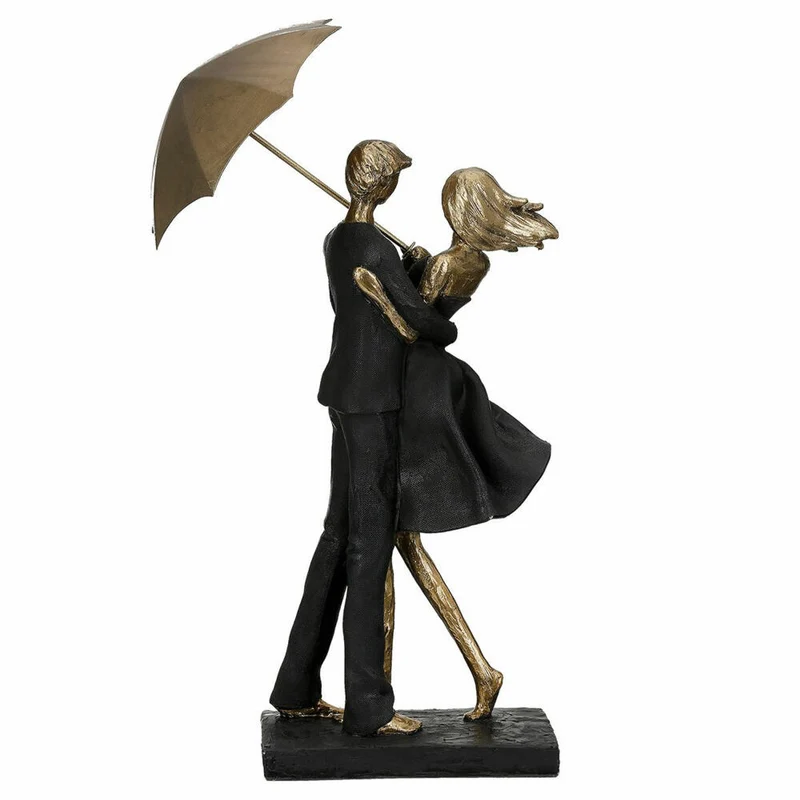 Gilde Skulptur Paar Rain, Dekofigur, Dekoration, Dekoobjekt, Regenschirm, Poly, Schwarz / Gold, 55131