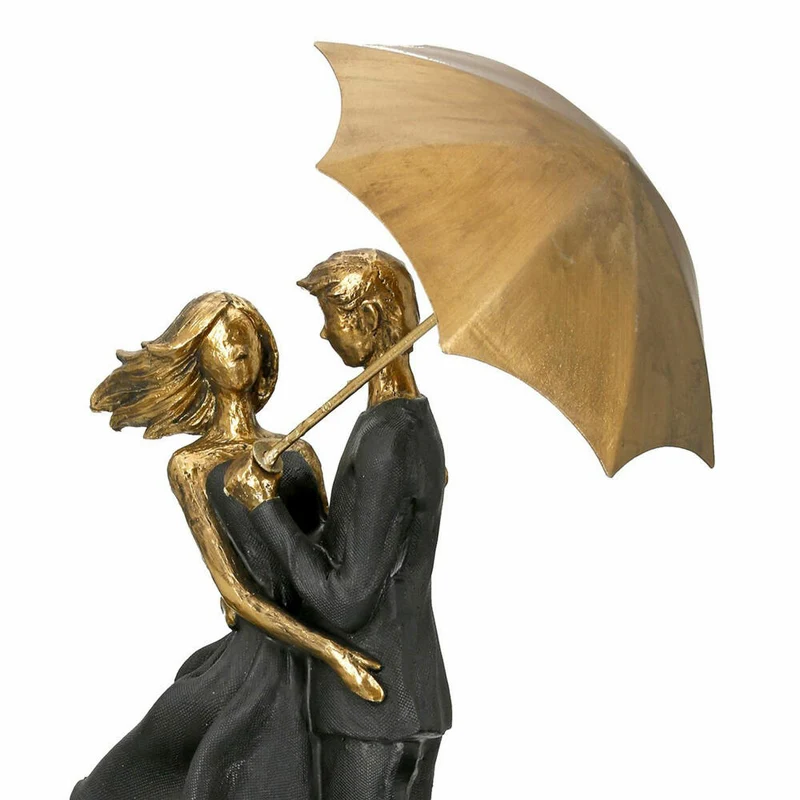 Gilde Skulptur Paar Rain, Dekofigur, Dekoration, Dekoobjekt, Regenschirm, Poly, Schwarz / Gold, 55131