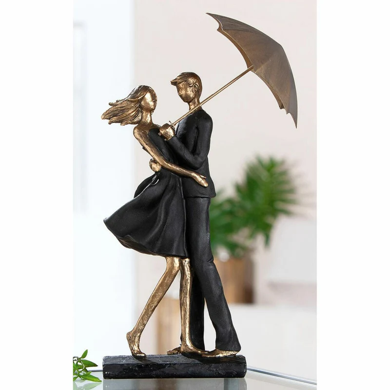 Gilde Skulptur Paar Rain, Dekofigur, Dekoration, Dekoobjekt, Regenschirm, Poly, Schwarz / Gold, 55131
