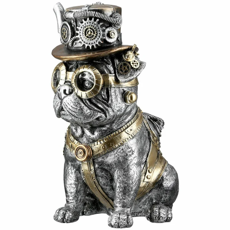 Casablanca by Gilde Poly Mops Steampunk, Dekofigur, Dekoration, Skulptur, Kunstharz, Silberfarben, H 26 cm, 58720