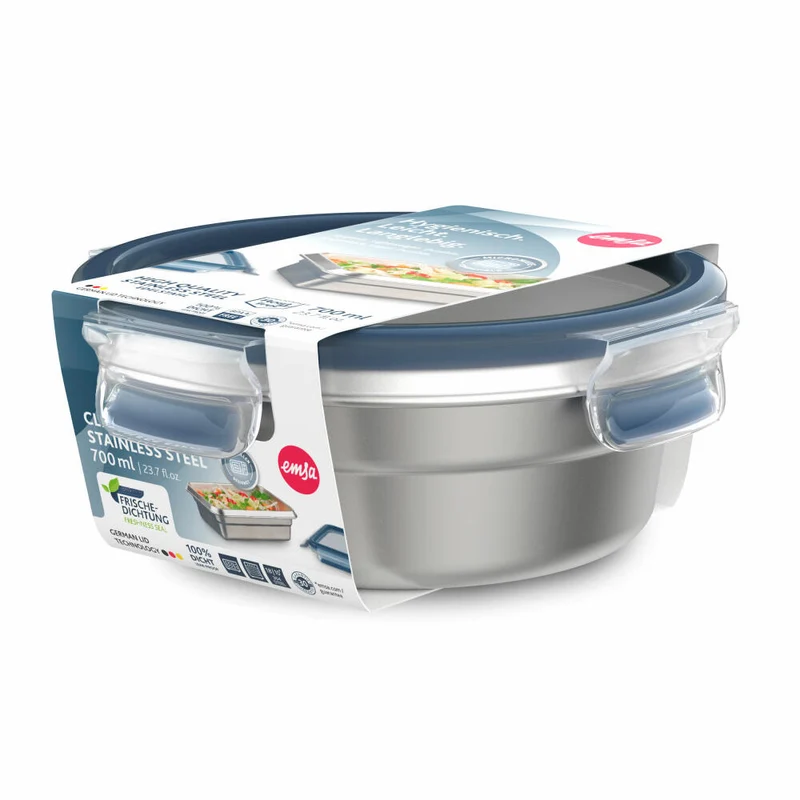 Emsa Frischhaltedose Clip & Close Edelstahl rund, Blau, Silberfarben, 0.7 L, N11502