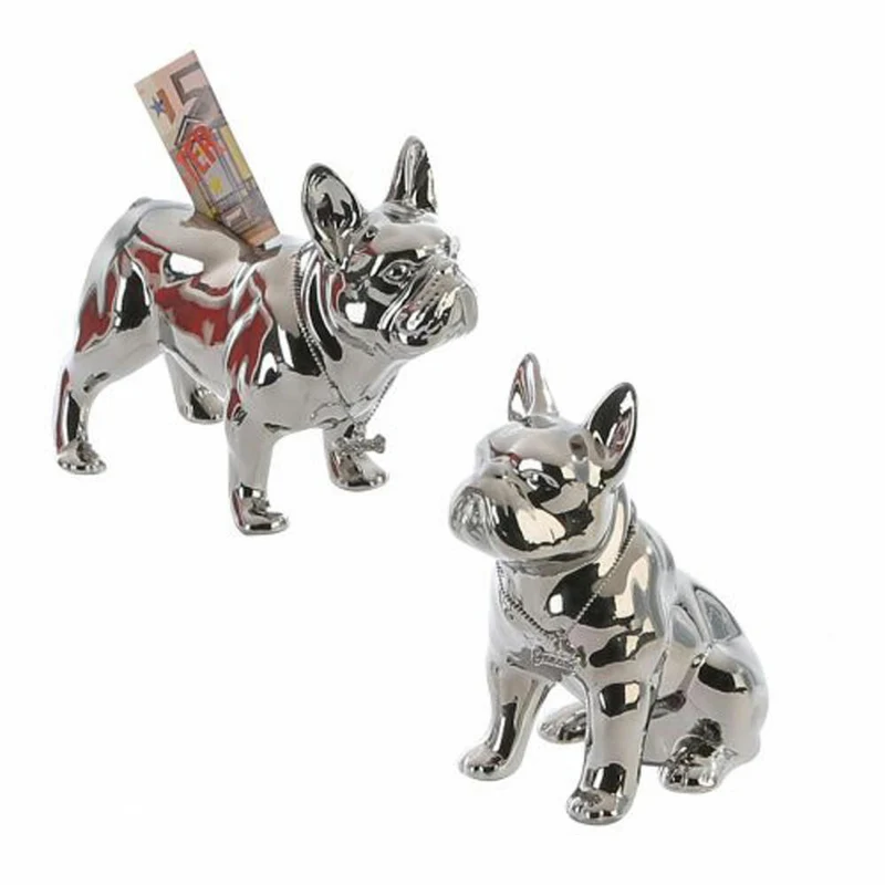 Gilde Spardose Bulli, 2er Set, Bulldoge, Sparschwein, Sparbüchse, Hund, Porzellan, Silberfarben, 15724