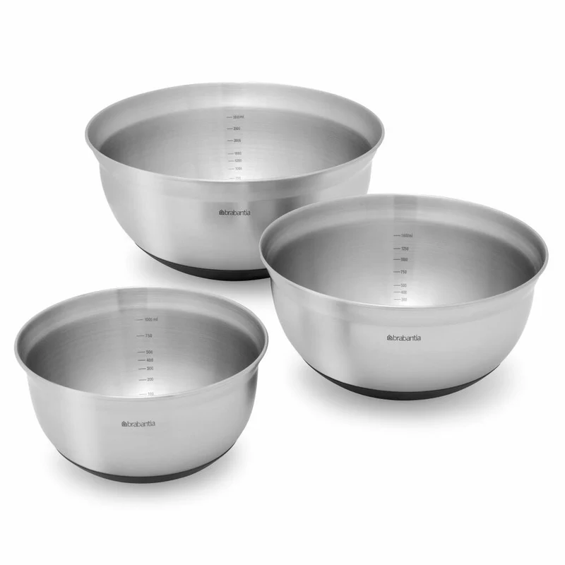 Brabantia Rührschüssel 3-tlg., Küchenschüssel, Backschüssel, Matt Steel, Black, 1 / 1.6 / 3 L, 363900