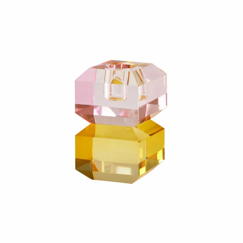 Gift Company Kerzenhalter Sari Eckig, Kerzenständer, Kristallglas, Rosa / Gelb, H 9 cm, 1127701012
