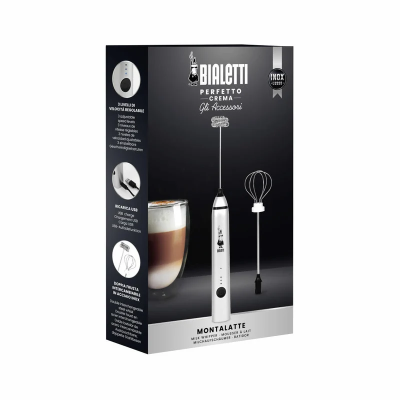Bialetti Stab-Milchaufschäumer mit zwei Aufsätzen, USB-Aufladbar, Kunststoff, Metall, Silber, 23 cm, 6770