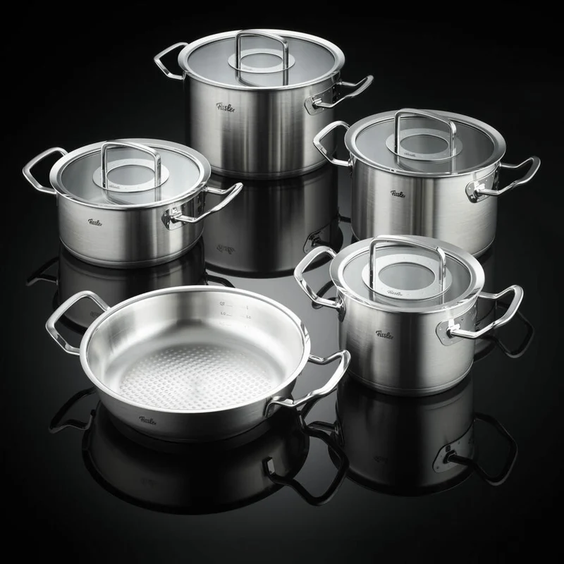 Fissler Topf-Set Original-Profi Collection 5-tlg. mit Glasdeckeln, 3 Kochtöpfe + Bratentopf + Servierpfanne, Edelstahl 18/10, Silbern, 084-389-05-000