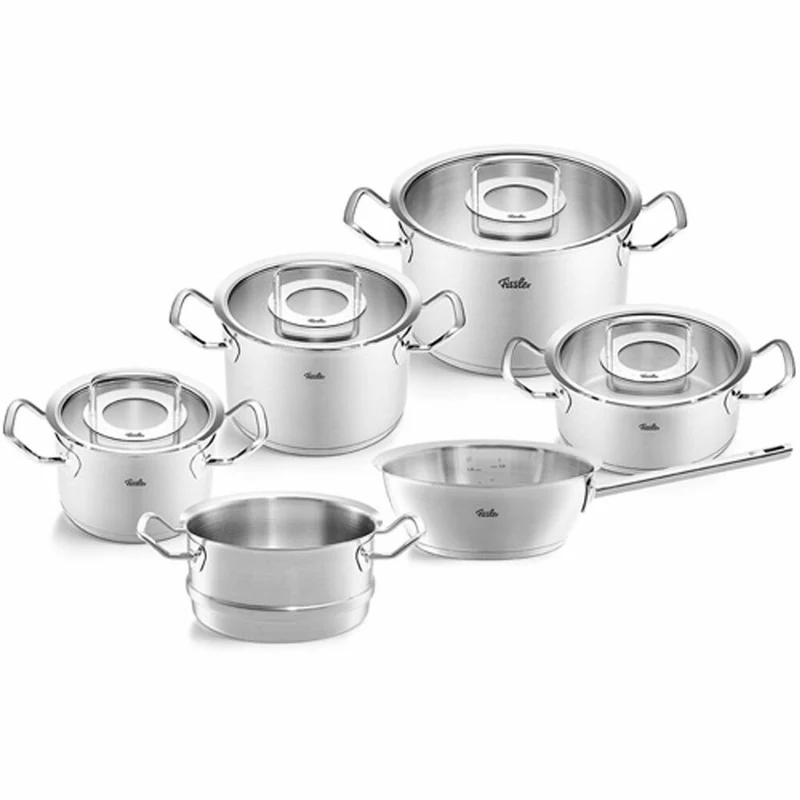 Fissler Topf-Set Original-Profi Collection 6-tlg. mit Glasdeckeln, 3 Kochtöpfe + Bratentopf + Sauteuse + Dämpfeinsatz, Edelstahl 18/10, Silbern, 084-779-06-000