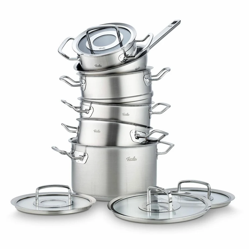 Fissler Topf-Set Original-Profi Collection 6-tlg. mit Glasdeckeln, 3 Kochtöpfe + Bratentopf + Sauteuse + Dämpfeinsatz, Edelstahl 18/10, Silbern, 084-779-06-000
