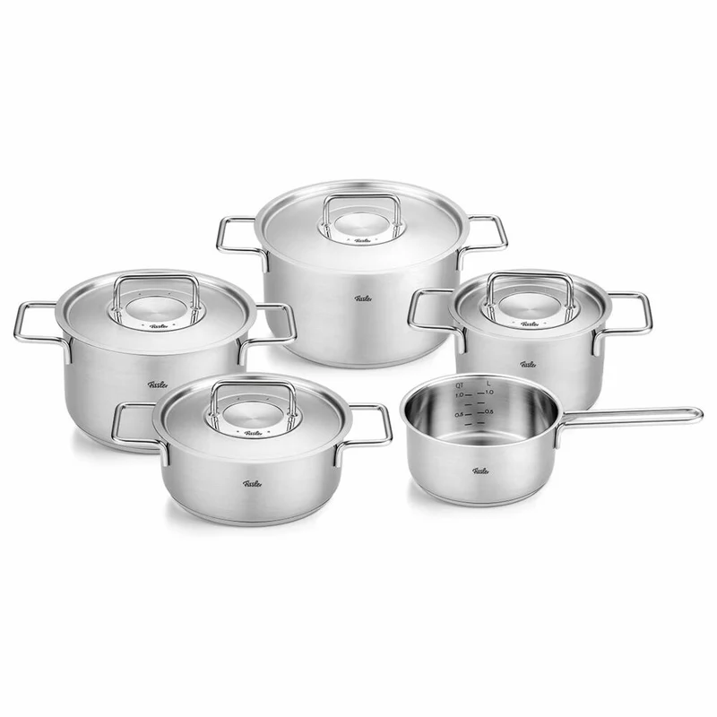 Fissler Topf-Set Pure 5-tlg. mit Metalldeckeln, 3 Kochtöpfe + Bratentopf + Stielkasserolle, Edelstahl, Silbern, 086-114-05-000