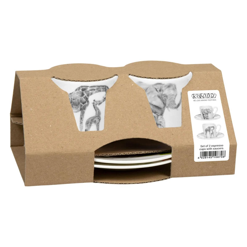 Könitz Espressotassen 2er Set Amazing Animals Giraffe und Elefant, Tasse, Kaffeetasse, Porzellan, Weiß, 85 ml, 1150002760