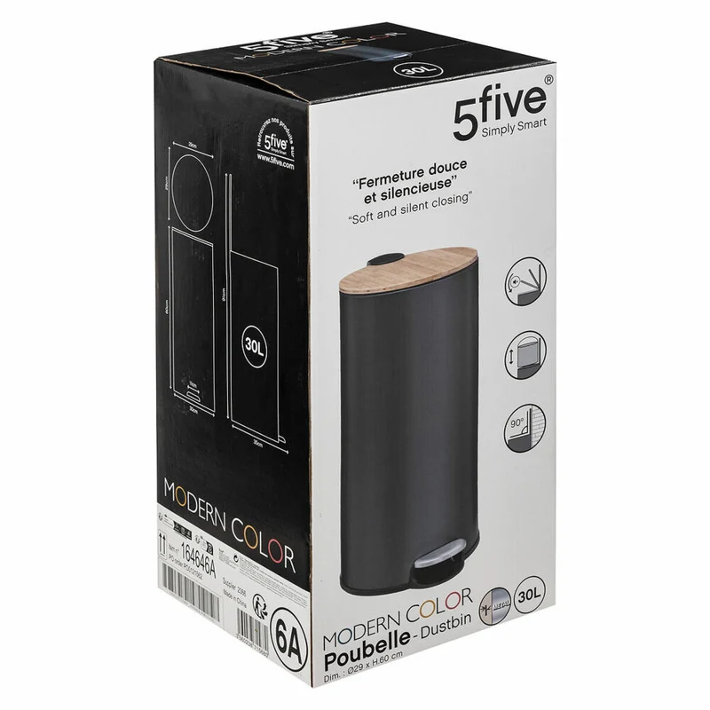 5five Simply Smart Abfalleimer Modern Color, Stahl, Bambus, Kunststoff, Schwarz, 30 Liter, 164646A
