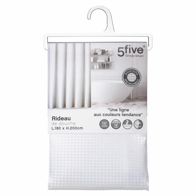 5five Simply Smart Duschvorhang Modern Color, Polyester, Kunststoff, Gummi, Weiß, 180 x 200 cm, 138055I