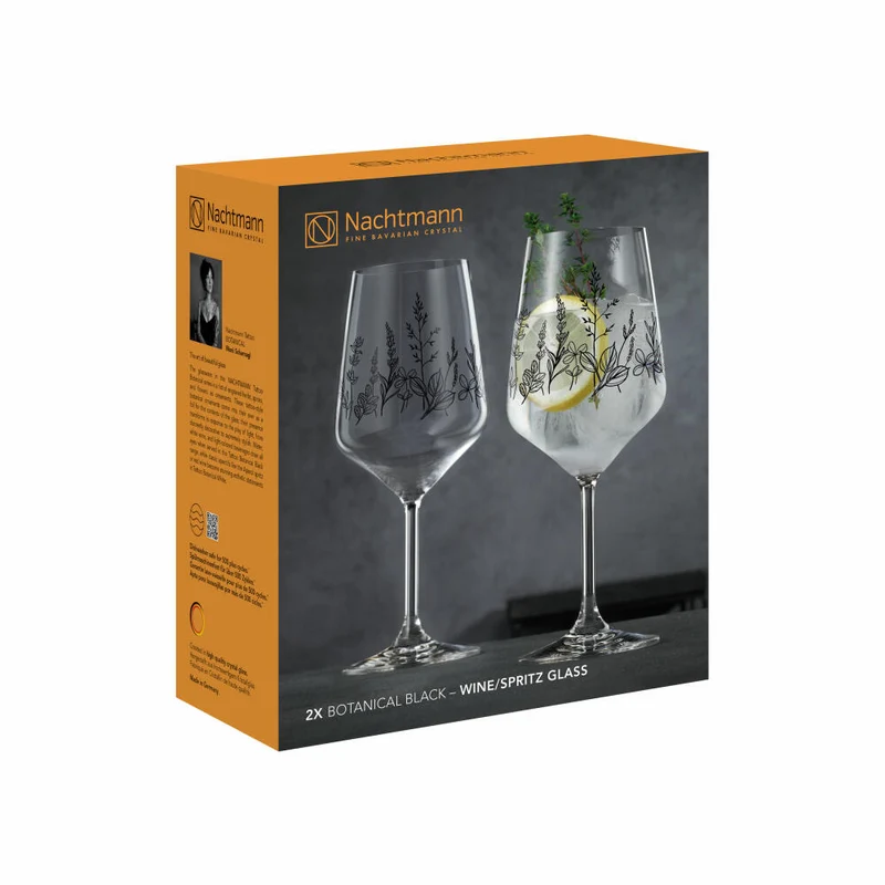 Nachtmann Tattoo Wein/Spritzglas Botanical Black, 2er Set, Weinglas, Longdrinkglas, Kristallglas, 630 ml, 105723