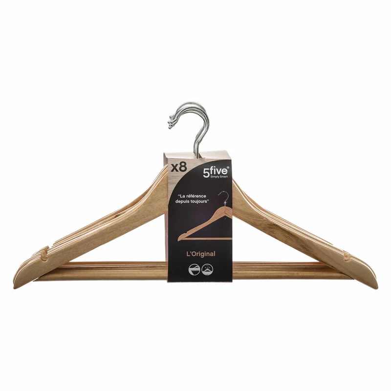 5five Simply Smart Kleiderbügel 8er Set mit Querstange, Eucalyptusholz, Stahl, Beige, 151505