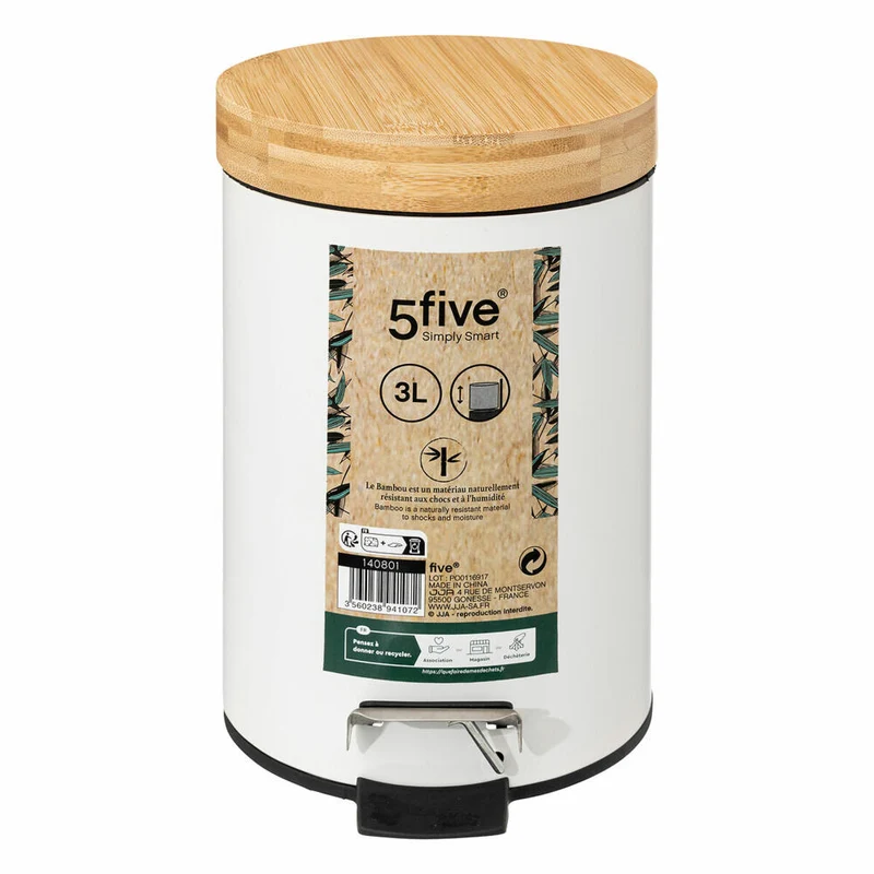 5five Simply Smart Abfalleimer Natureo, Kosmetikeimer, Metall, Bambus, Kunststoff, Weiß, 3 Liter, 140801