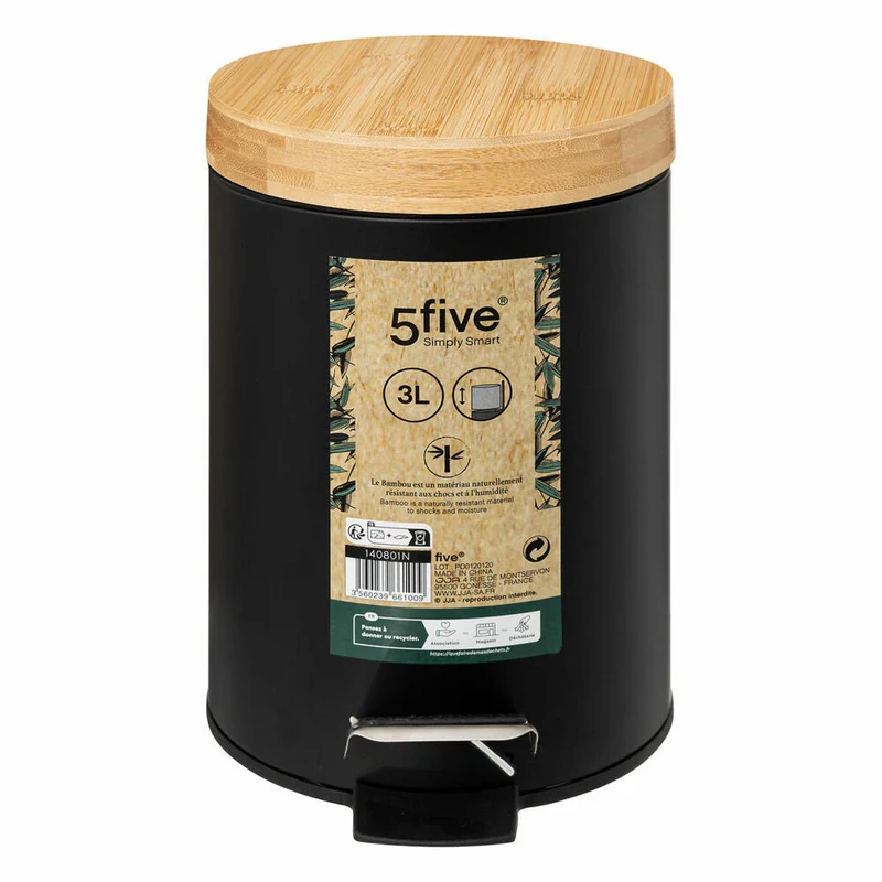5five Simply Smart Abfalleimer Natureo, Kosmetikeimer, Metall, Bambus, Kunststoff, Schwarz, 3 Liter, 140801N