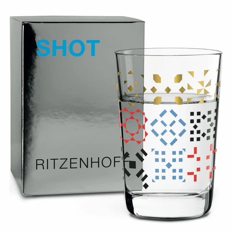 Ritzenhoff Next Shot Schnapsglas, 4er Set mit Reinigungstuch, Nr. 1, N. Ladeiro, C. Van Ommen, A. St. James Frenchie / Stars, Glas, 40 ml