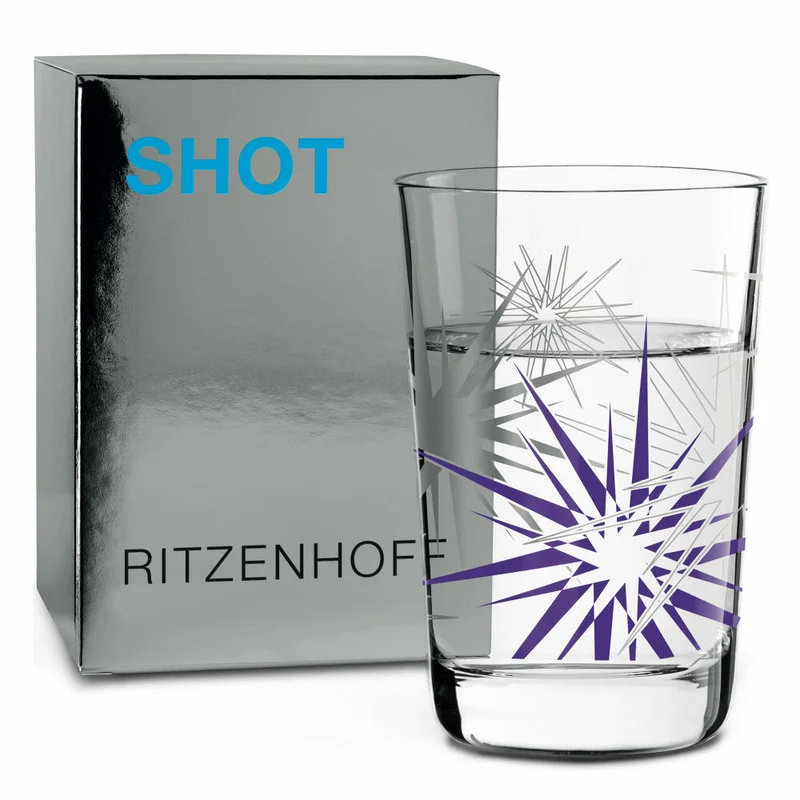 Ritzenhoff Next Shot Schnapsglas, 4er Set mit Reinigungstuch, Nr. 1, N. Ladeiro, C. Van Ommen, A. St. James Frenchie / Stars, Glas, 40 ml