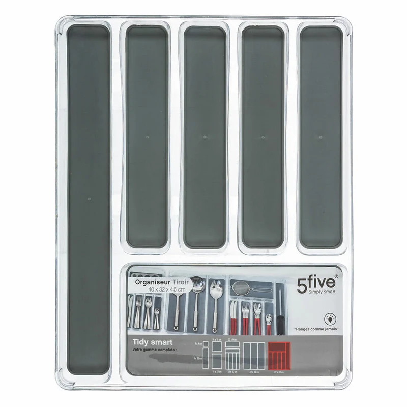 5five Simply Smart Besteckkasten Tidy Smart mit 6 Fächern, PET-Kunststoff, TPE, Grau, 40 x 32 cm, 146501