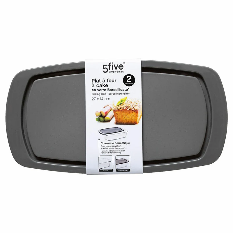 5five Simply Smart Backform KeepEat mit Deckel, Ofenform, Borosilikatglas, PP-Kunststoff, Transparent, Grau, 27 x 14 cm, 151117