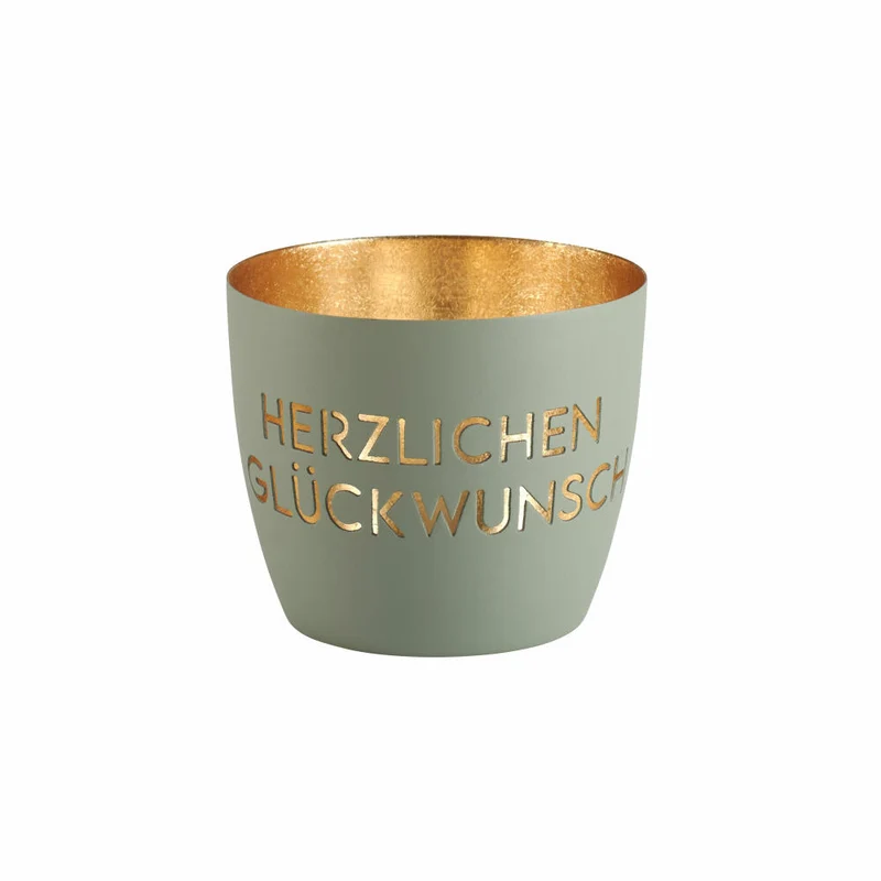 Gift Company Windlicht Madras Herzlichen Glückwunsch M, Teelichthalter, Kerzenhalter, Eisen, Flannel / Gold, H 8.5 cm, 1121904030