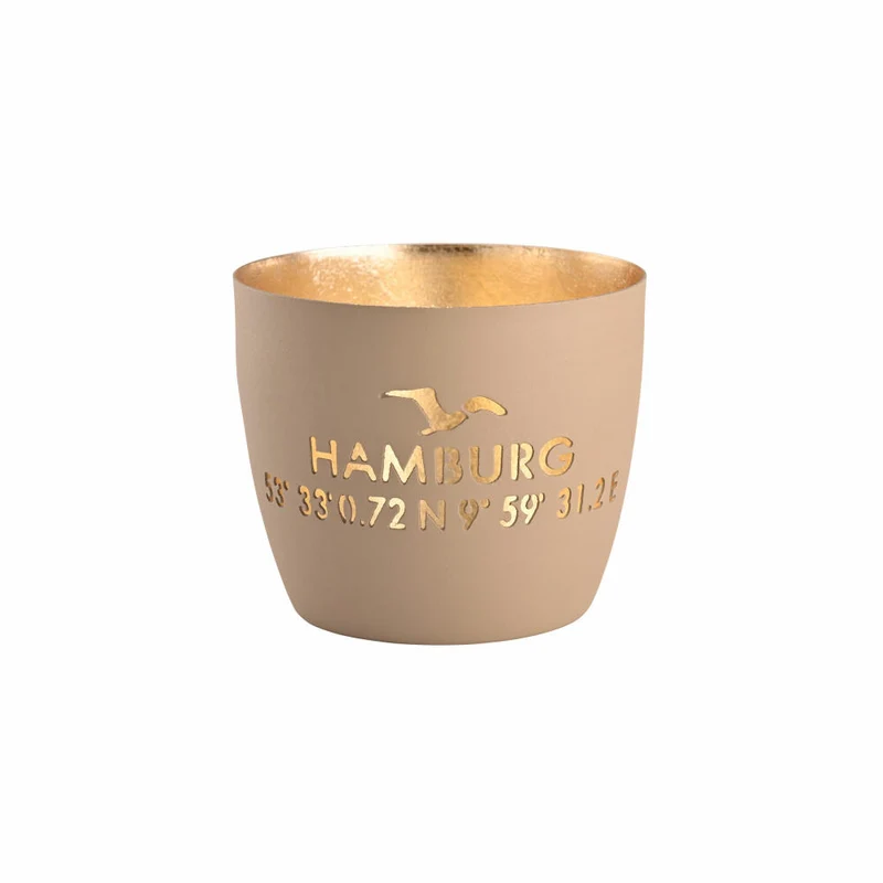 Gift Company Windlicht Madras Koordinaten von Hamburg M, Teelichthalter, Kerzenhalter, Eisen, sandstone / Gold, H 8.5 cm, 1144504029