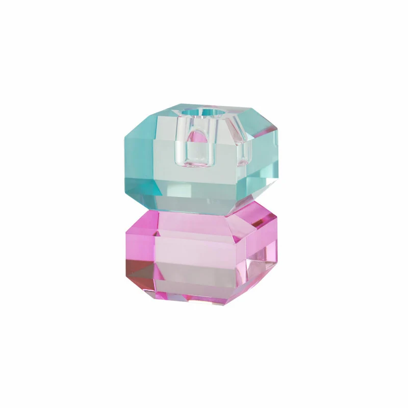 Gift Company Kerzenhalter Sari Eckig, Kerzenständer, Kristallglas, Blau / Rosa, H 9 cm, 1127701009