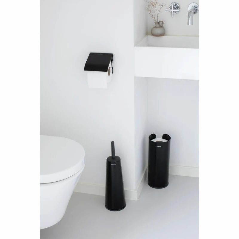 Brabantia Toilettenzubehör-Set ReNew, Klobürste, Klobürstenhalter, Toilettenpapierhalter, Stahl, Matt Black, 280603