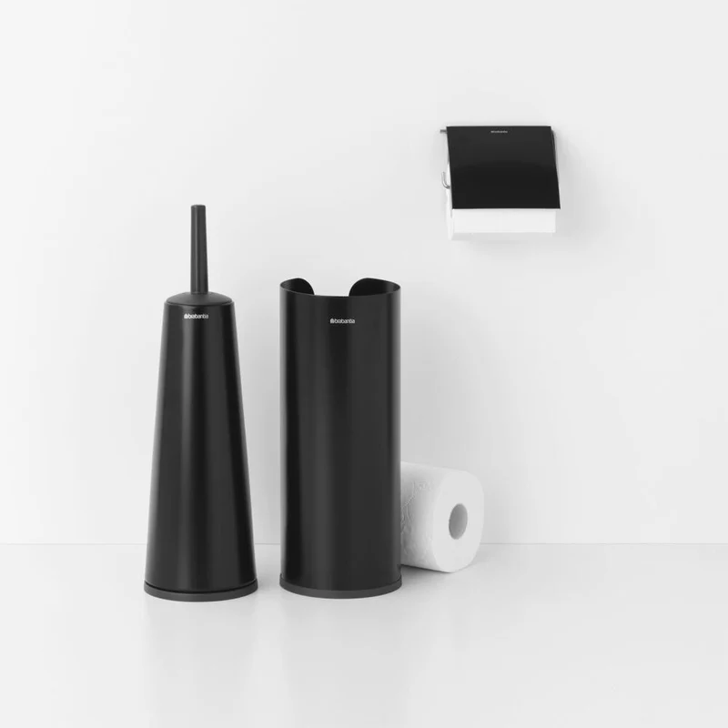 Brabantia Toilettenzubehör-Set ReNew, Klobürste, Klobürstenhalter, Toilettenpapierhalter, Stahl, Matt Black, 280603
