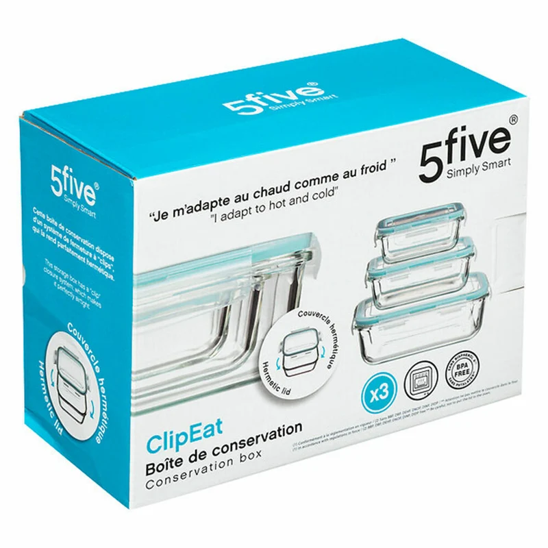 5five Simply Smart Frischhaltedosen-Set Clipeat S 3-tlg., Glas, Kunststoff, Blau, 169281