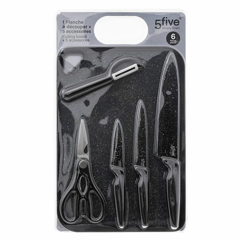 5five Simply Smart Schneidebrett-Set Caractere 6-tlg. mit Zubehör, Kunststoff, Edelstahl, Keramik, Schwarz, 36 x 25 cm, 179737
