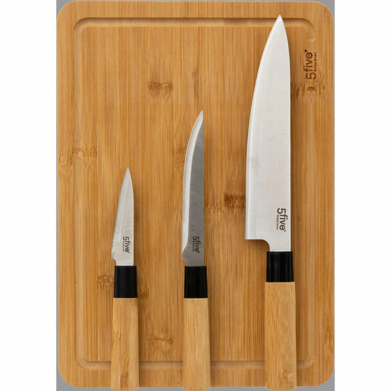 5five Simply Smart Schneidebrett-Set Black Bamboo mit 3 Messern, Bambus, Edelstahl, Braun, 35 x 25 cm, 151484