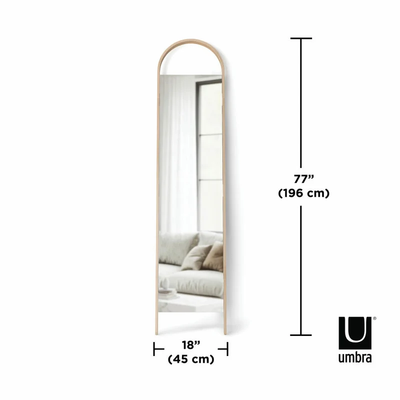 Umbra Standspiegel Bellwood, Ganzkörperspiegel, Spiegelglas, Stahl, Holz, Natur, 196 cm, 1019920-390