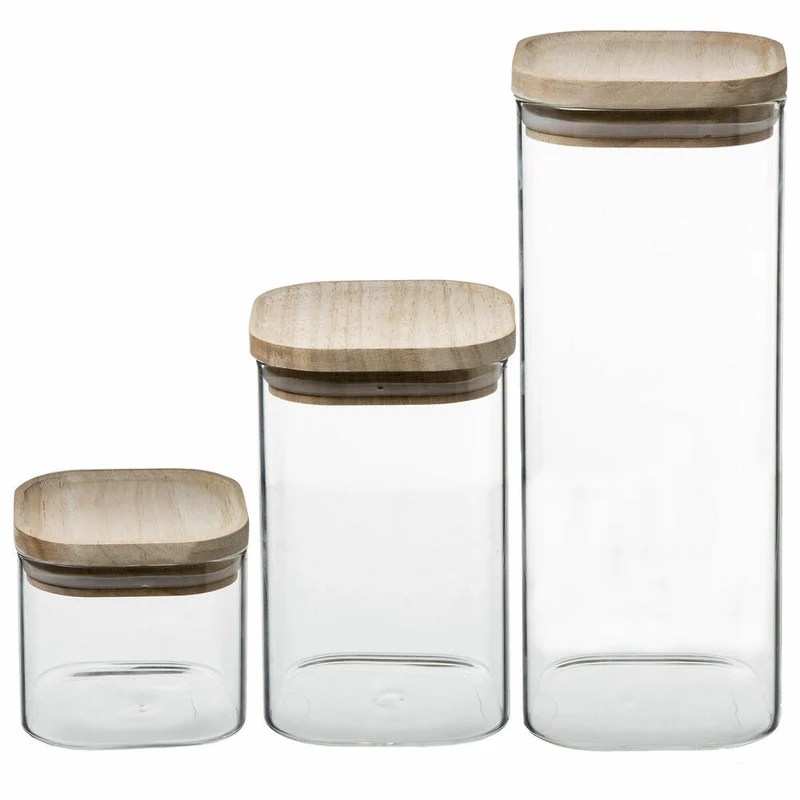 5Five Simply Smart Vorratsglas-Set 3-tlg., stapelbare Behälter mit Deckel, Borosilikatglas, Holz, 179623