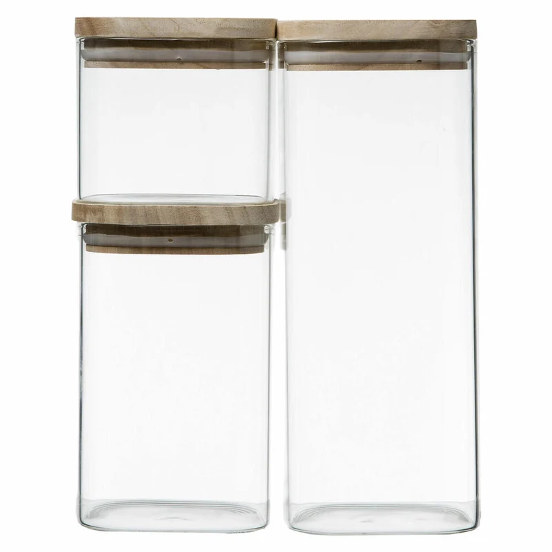 5Five Simply Smart Vorratsglas-Set 3-tlg., stapelbare Behälter mit Deckel, Borosilikatglas, Holz, 179623