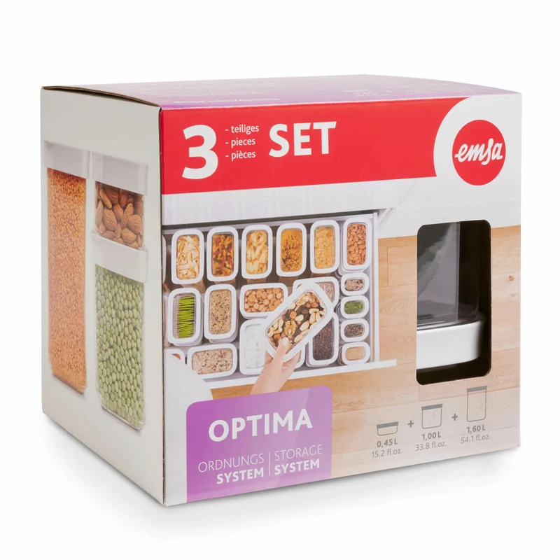 EMSA Optima Vorratsdosen Set, 3-tlg., Aufbewahrungsdosen, Vorratsode, Frischhaltedose, Kunststoff, Transparent / Weiß, N11427