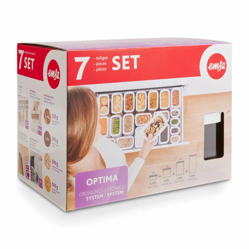 EMSA Optima Vorratsdosen Set, 7-tlg., Aufbewahrungsdosen, Vorratsode, Frischhaltedose, Kunststoff, Transparent / Weiß, N11429