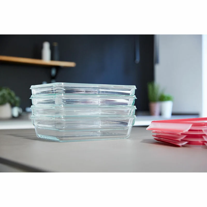 EMSA Clip & Close GLAS Frischhaltedose, mit Trennwand, Vorratsbehälter, Vorratsdose, Transparent / Rot, 0.8 L, N10407