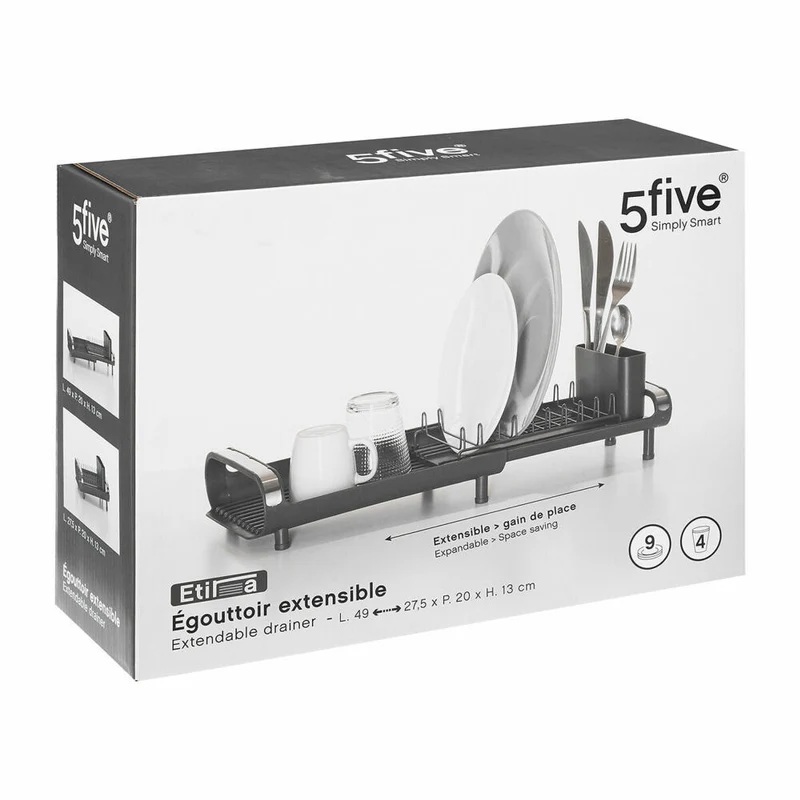 5five Simply Smart Ausziehbares Abtropfgestell Etira für 9 Teller, Trockengestell, Kunststoff, Edelstahl, Grau, 189600