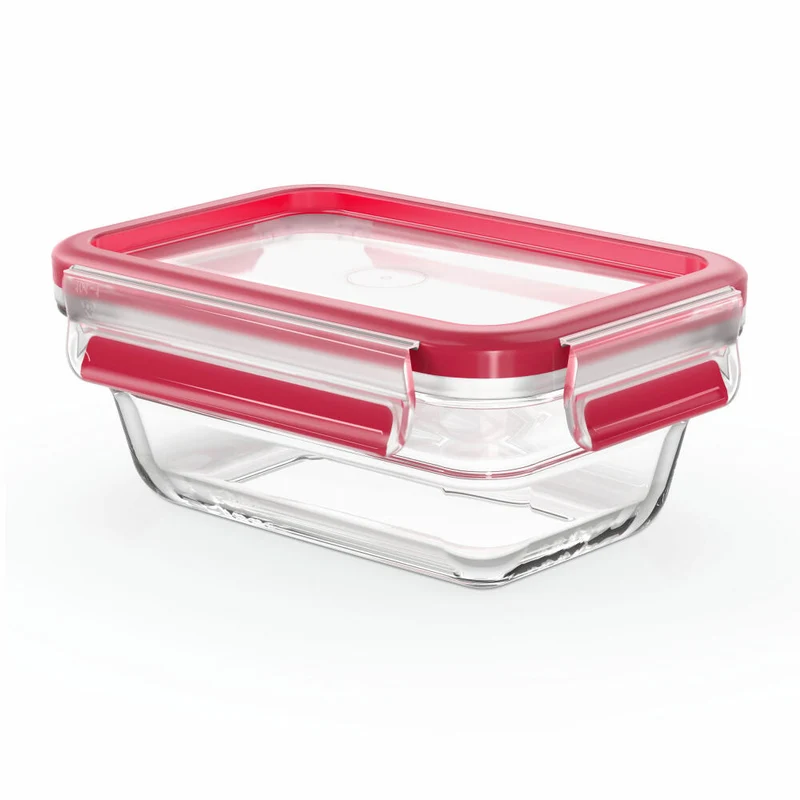 EMSA Clip & Close GLAS Frischhaltedose, Rechteckig, Vorratsbehälter, Vorratsdose, Transparent / Rot, 0.45 L, N10405